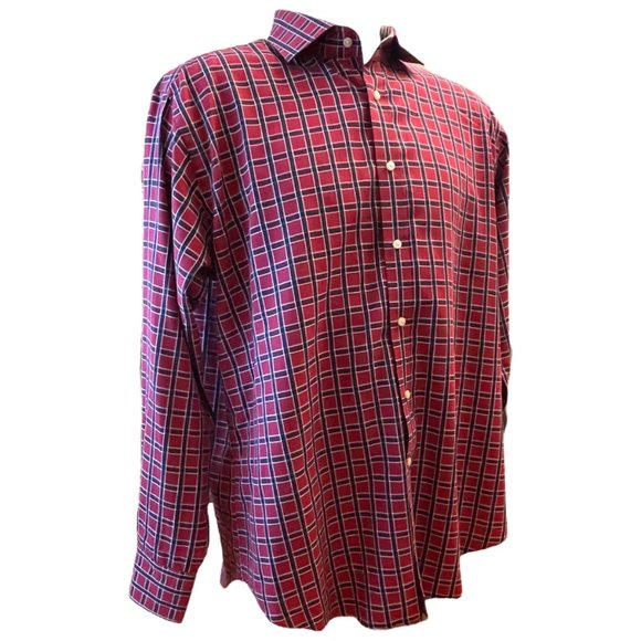 Thomas Dean Men's Sz XL Shirt flip/contrast Cuff Plaid Red Navy Long Sleeve - Picture 1 of 11